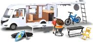 Immagine di DICKIE CAMPER Dickie Toys - Playlife Camper Set, Hymer B-Class Motorhome, con pannello, porta laterale, gavone e tetto apribili, Incluso personaggio, E-Bike, BBQ con luci, paddling, tavolo con sedia